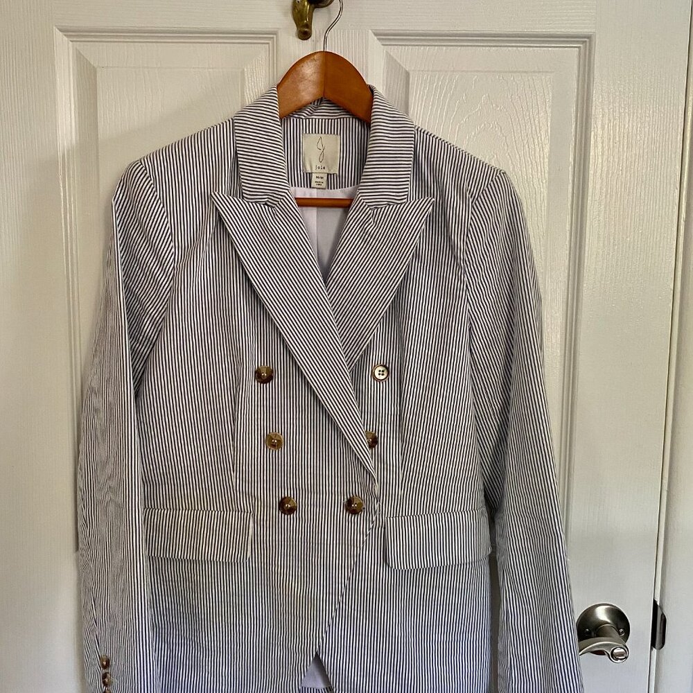Light Blue and White Seersucker Style Double-Breasted Blazer with Brown Buttons